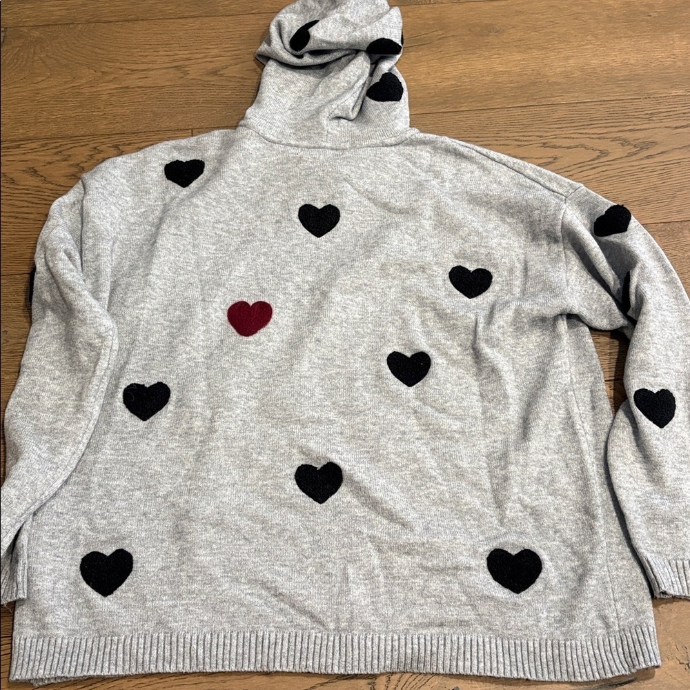 CHARLIE B Gray Hoodie Oversized Sweater with Black and Red Heart Accents - Picture 6 of 6